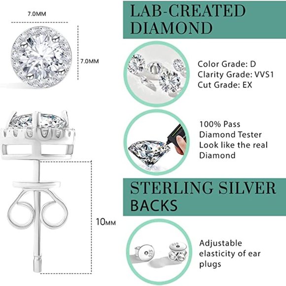925 Sterling Silver Lab Diamond Stud Earrings - Picture 4 of 6